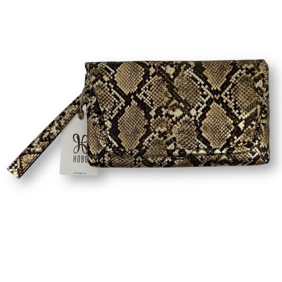Hobo International Lauren Wristlet Gold Snake Skin Print Leather Frame Closure - Picture 1 of 7